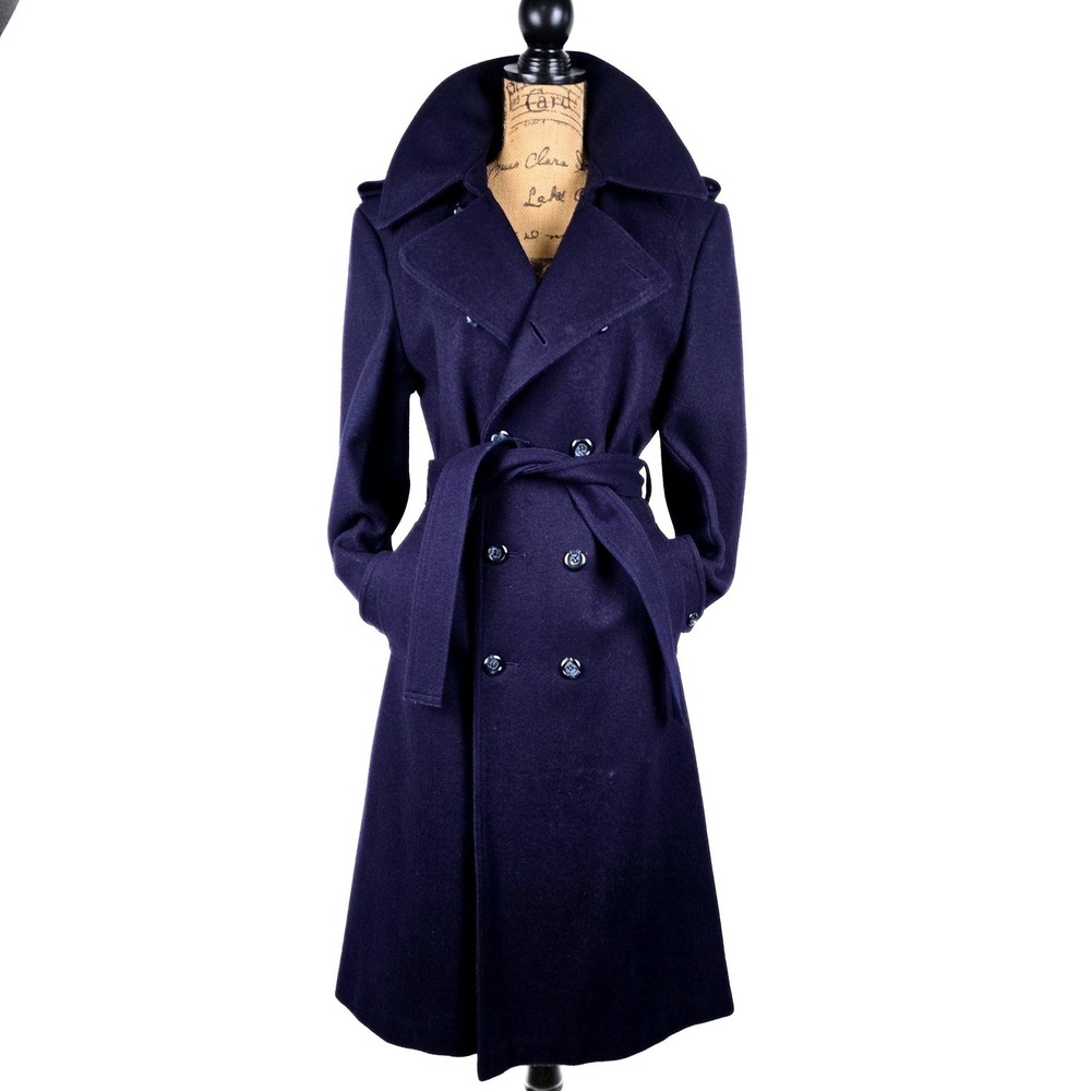 Chess King Unisex Navy Blue Wool Double Breasted Belted Trench Coat 40